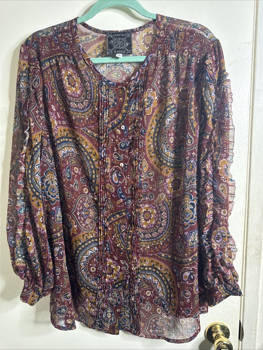 Johnny Was Epsilon Paisley Peasant Top Sheer Shimmer Button Up Boho Women’s 1x